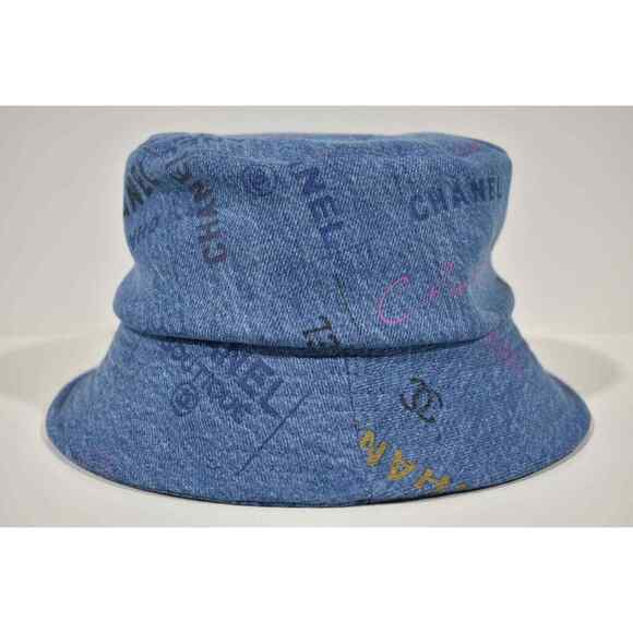 Chanel 22P Blue Black Pink Denim Graffiti CC Logo Sun Cloche Bucket Hat Medium M